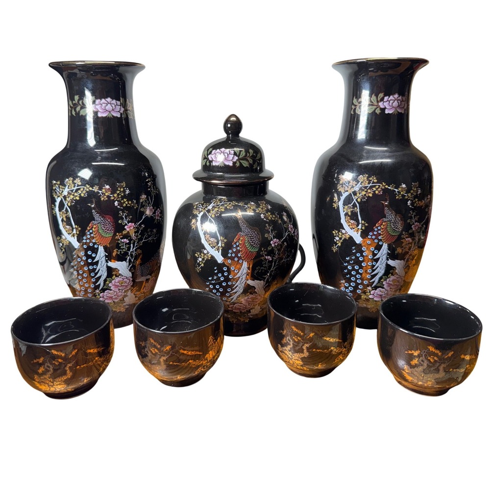 Vintage Japanese Black Porcelain Peacock Vase Ginger Jar Tea Cup Set 7pc Japan